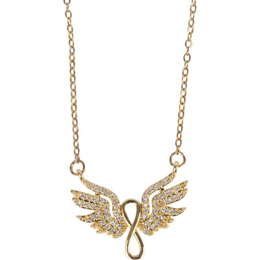 INFINITY LOOP WITH WINGS CZ STONES GOLD TONE STAINLESS STEEL NECKLACE