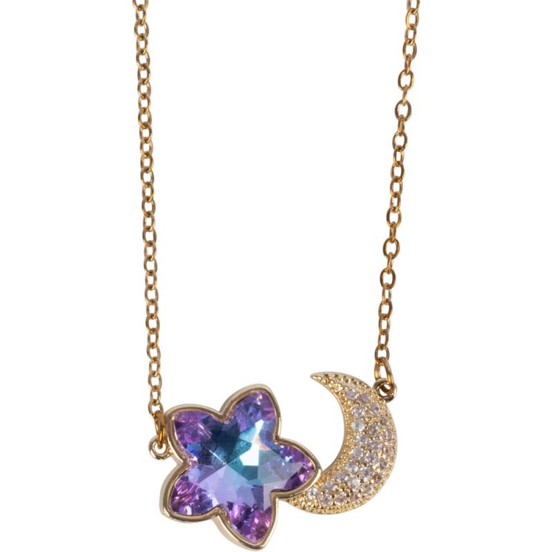 FLOWER & MOON CZ STONES GOLD TONE STAINLESS STEEL NECKLACE