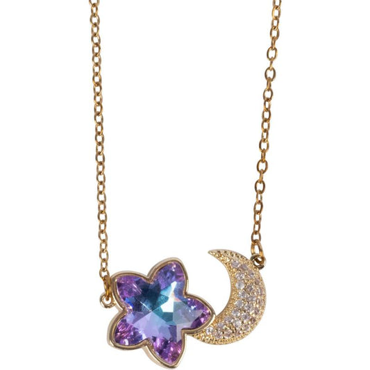 FLOWER & MOON CZ STONES GOLD TONE STAINLESS STEEL NECKLACE