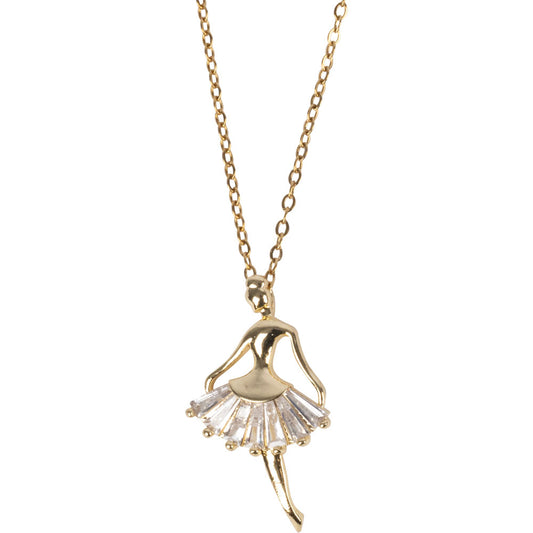 BALLERINA DANCER W/ CZ STONES GOLD TONE STAINLESS STEEL NECKLACE