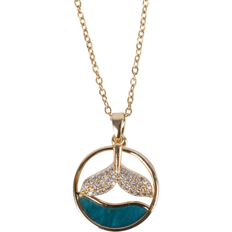CIRCULAR WHALE'S TALE IN WATER W/ CZ STONES GOLD TONE STAINLESS STEEL NECKLACE