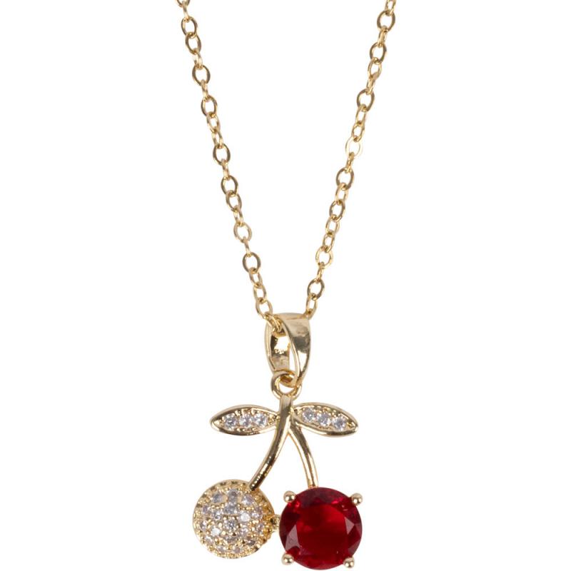 CHERRIES W/ CZ STONES GOLD TONE STAINLESS STEEL NECKLACE