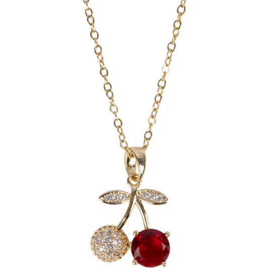 CHERRIES W/ CZ STONES GOLD TONE STAINLESS STEEL NECKLACE
