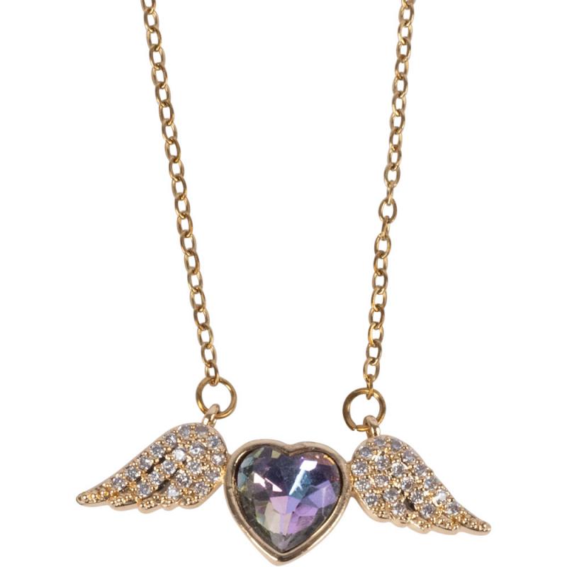 HEART WITH WINGS W/ CZ STONES GOLD TONE STAINLESS STEEL NECKLACE