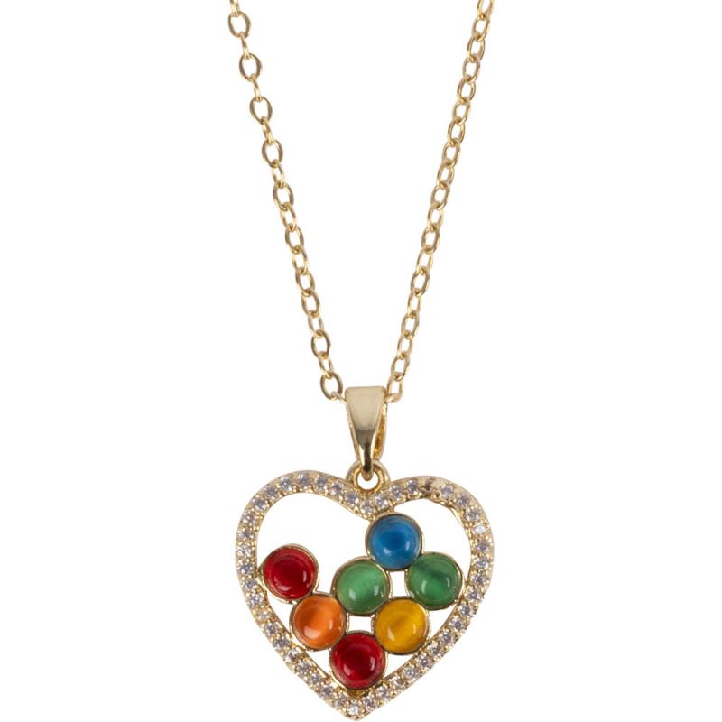 HEART W/ COLORFUL BEADS & CZ STONES GOLD TONE STAINLESS STEEL NECKLACE