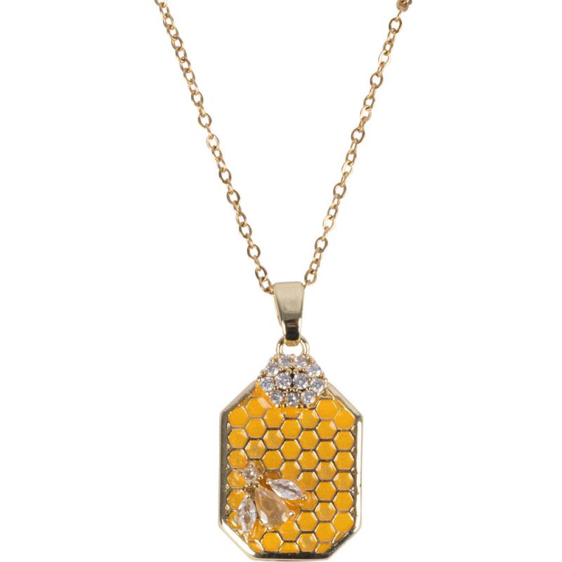 HONEYCOMB  W/ CZ STONES GOLD TONE STAINLESS STEEL NECKLACE