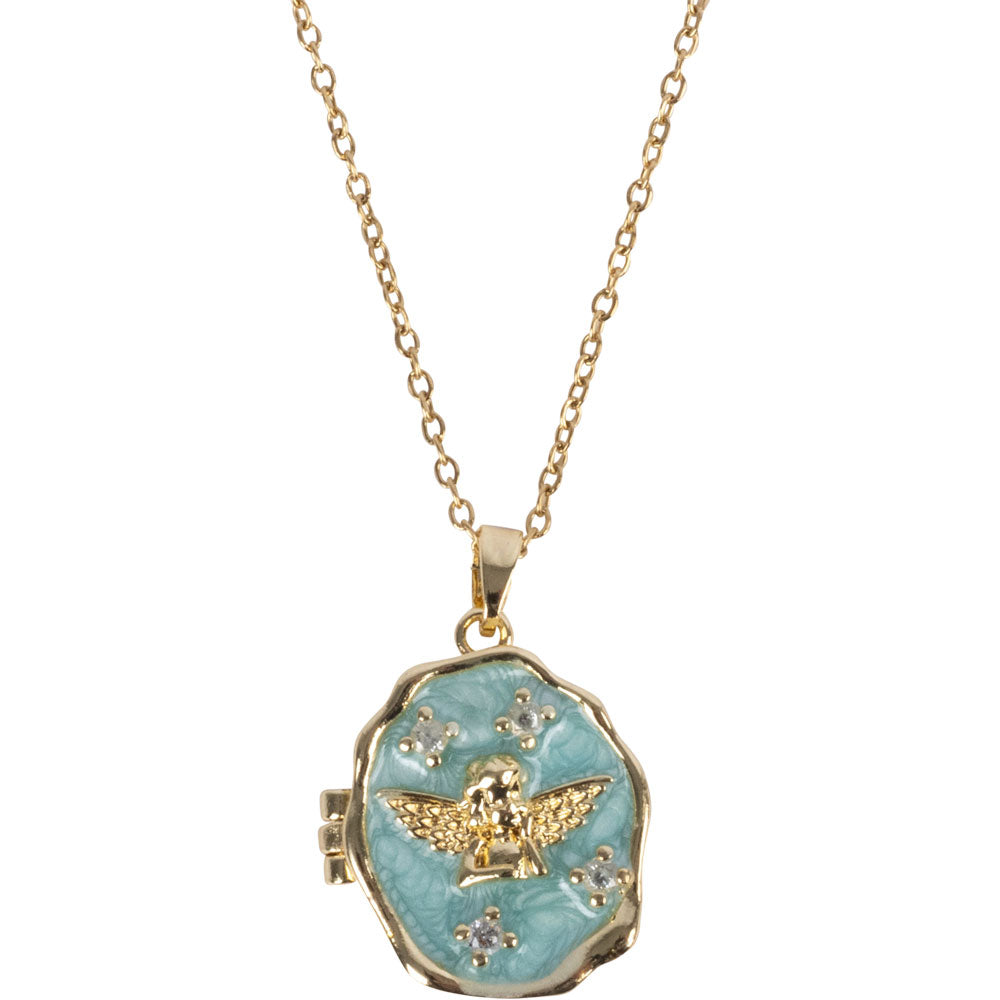 ANGEL W/ CZ STONES GOLD TONE STAINLESS STEEL ASST COLOR NECKLACE