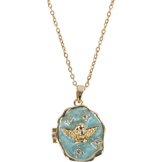 ANGEL W/ CZ STONES GOLD TONE STAINLESS STEEL ASST COLOR NECKLACE