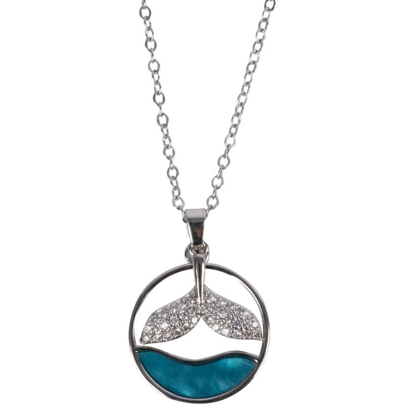 WHALES TAIL W/ CZ STONES SILVER TONE STAINLESS STEEL NECKLACE