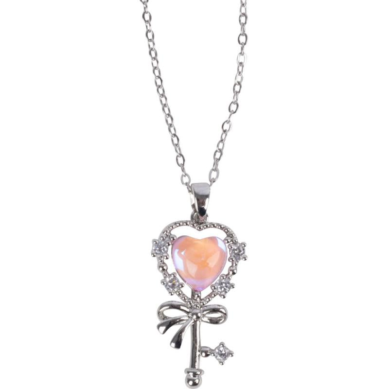 KEY TO THE HEART W/ CZ STONES SILVER TONE STAINLESS STEEL NECKLACE
