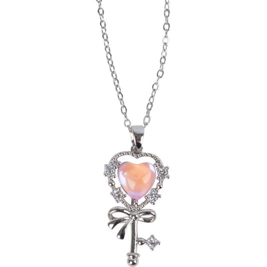KEY TO THE HEART W/ CZ STONES SILVER TONE STAINLESS STEEL NECKLACE