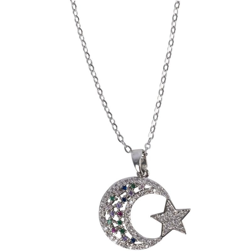 MOON & STAR W/ CZ STONES SILVER TONE STAINLESS STEEL NECKLACE