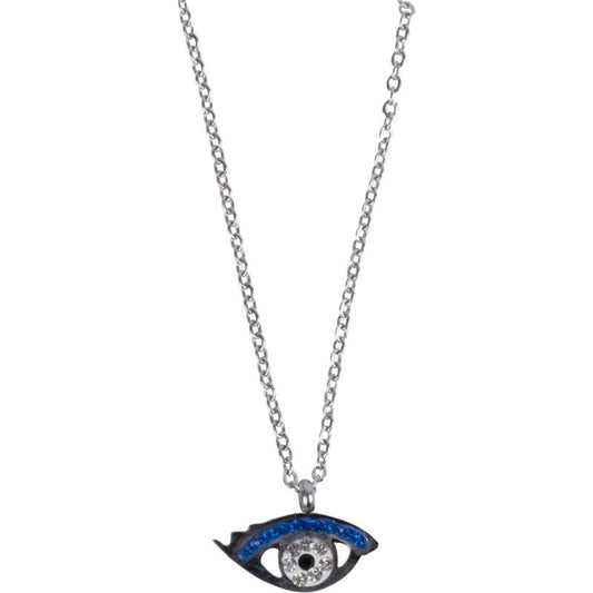 EVIL EYE W/ CZ Stones SILVER TONE STAINLESS STEEL NECKLACE