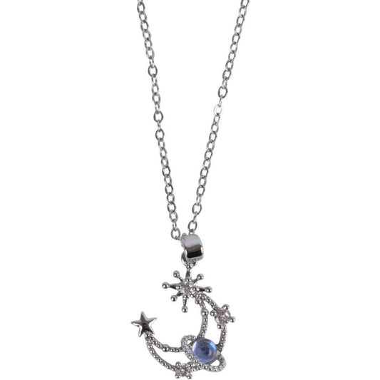 MOON, STARS & SATURN W/ CZ Stones SILVER TONE STAINLESS STEEL NECKLACE