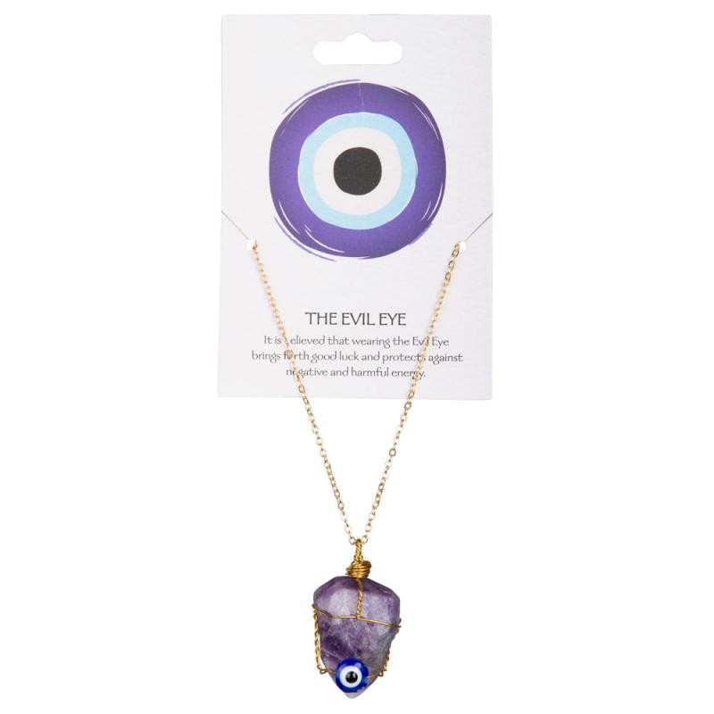 Amethyst Raw with Evil Eye Bead Wire Wrap Gold Plated Metal Adjustable Necklace