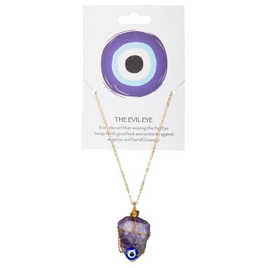 Amethyst Raw with Evil Eye Bead Wire Wrap Gold Plated Metal Adjustable Necklace