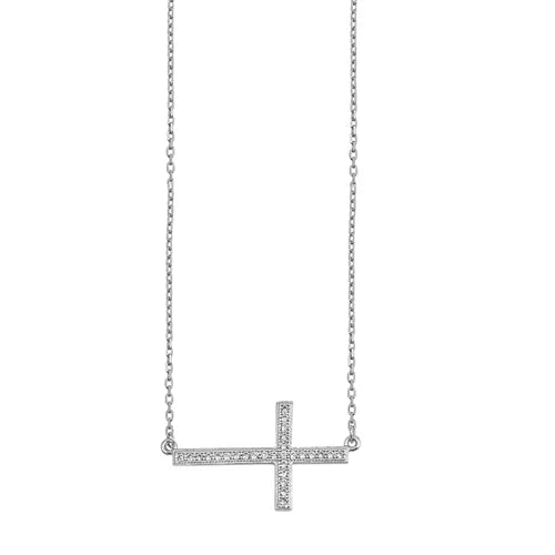 Sideway Cross CZ Stones .925 Sterling Silver Necklace