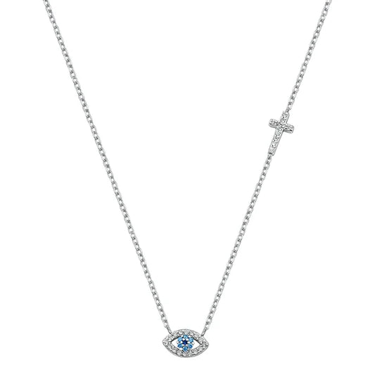 Evil Eye & Cross CZ Stones .925 Sterling Silver Necklace