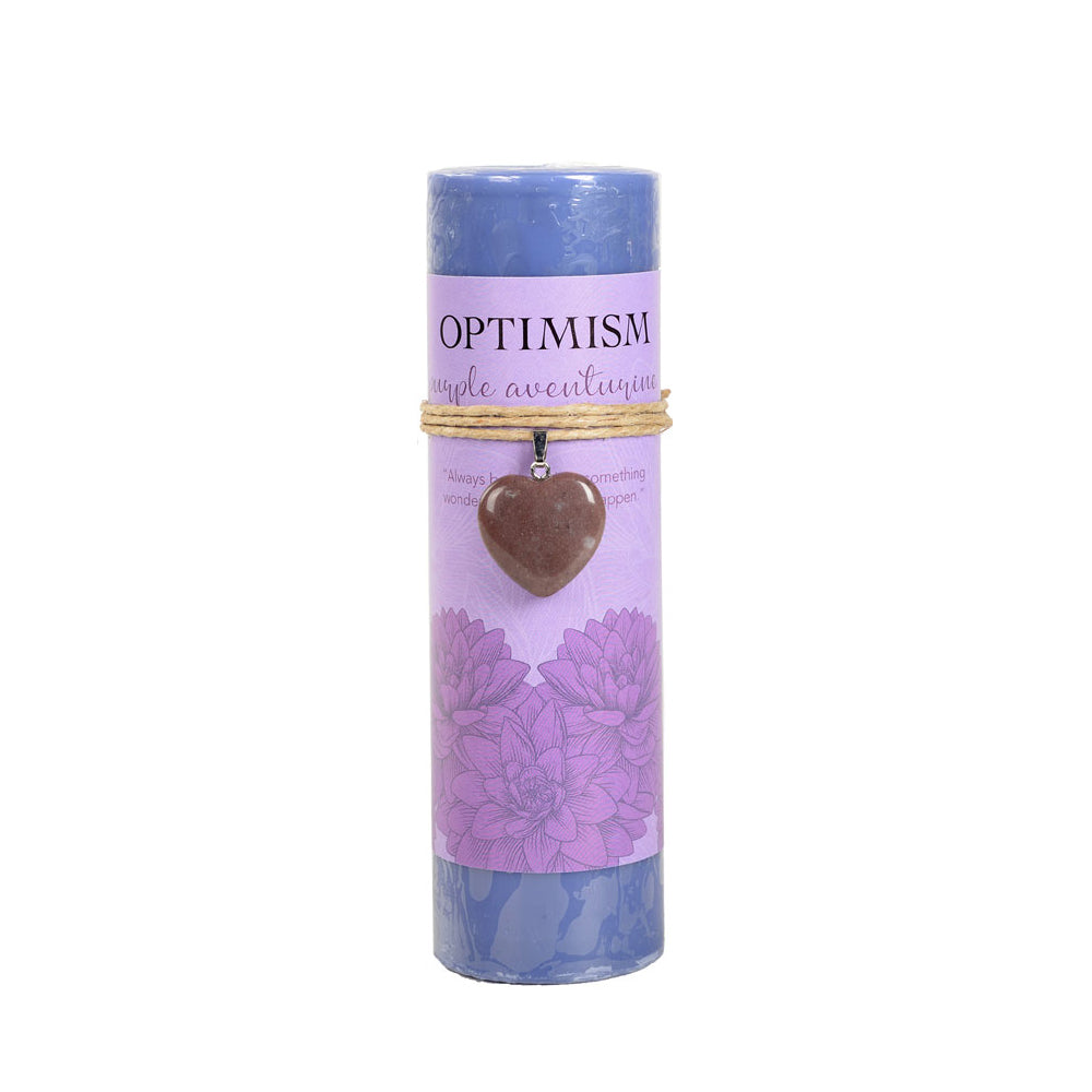 Optimism Scented Candle with Purple Aventurine Heart Shaped Crystal Charm at Namaste Bookshop near Union Square, NYC