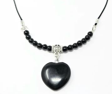 Black Obsidian Heart With Beads Choker On Black Cord Clasp Necklace