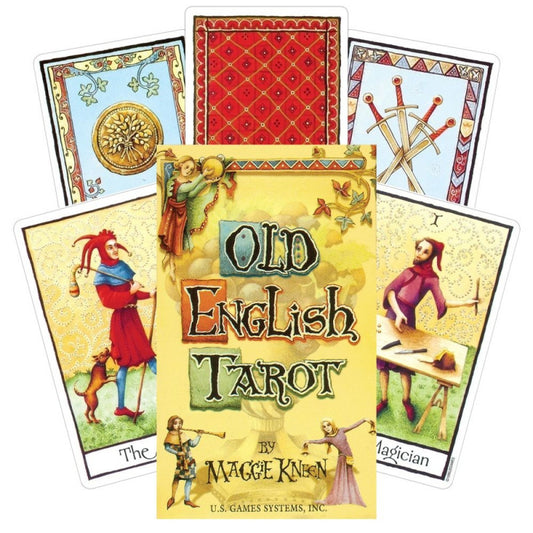 Old English Tarot by Maggie Kneen – a 78-card deck inspired by the 14th-century Luttrell Psalter, featuring medieval English scenes with richly patterned, heraldic borders and distinctive color schemes.

