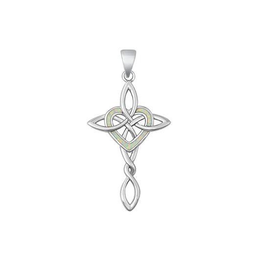 Celtic Cross & Heart White Lab Opal .925 Sterling Silver Pendant