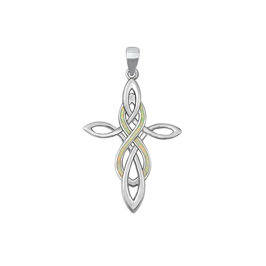 Celtic Cross & Infinity White Lab Opal .925 Sterling Silver Pendant