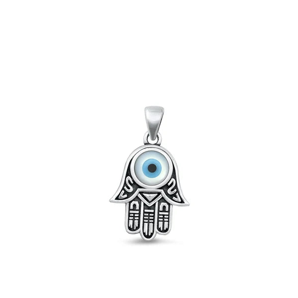 Hamsa Evil Eye Mother of Pearl .925 Sterling Silver Pendant