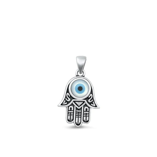 Hamsa Evil Eye Mother of Pearl .925 Sterling Silver Pendant