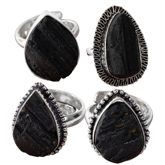 Black Tourmaline Raw Adjustable Ring - Brass
