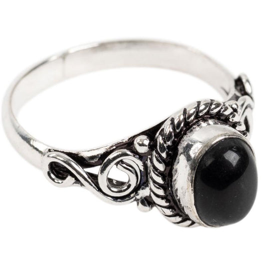 Black Tourmaline Cab Adjustable Small Ring - Brass