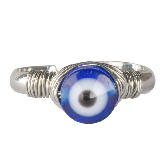 Evil Eye Blue Bead Wire Wrap Adjustable Ring