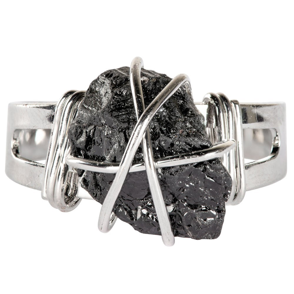 Black Tourmaline Raw Wrapped Base Metal Adjustable Ring