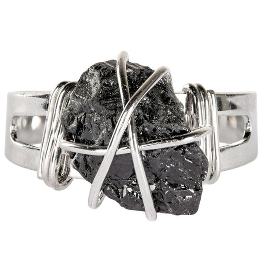 Black Tourmaline Raw Wrapped Base Metal Adjustable Ring