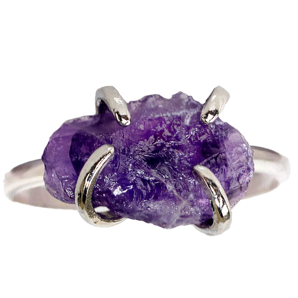 Amethyst Raw Silver Plated Brass Claw Set Adjustable Ring