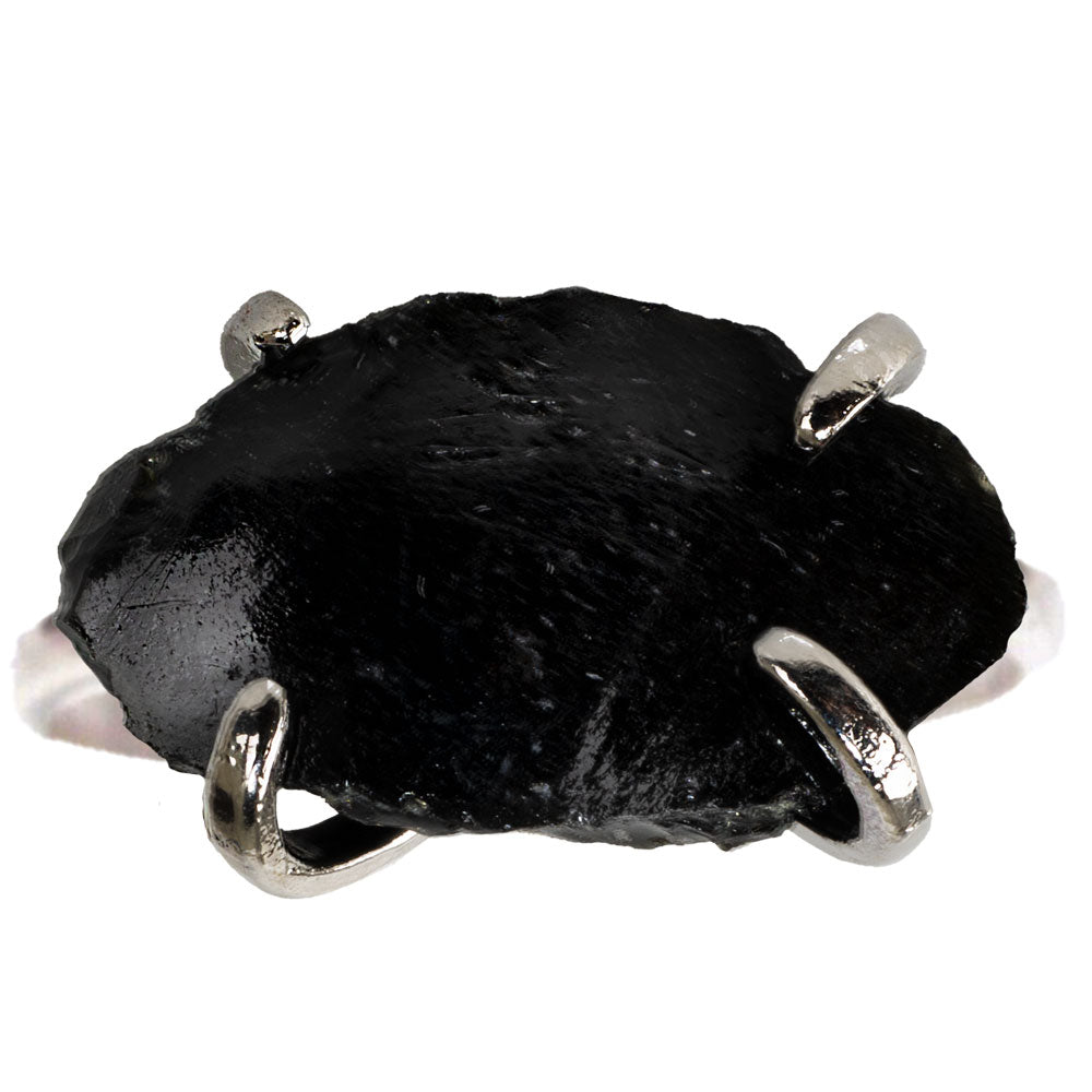 Black Obsidian Raw Silver Plated Brass Claw Set Adjustable Ring