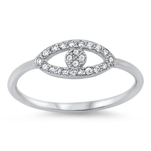 Evil Eye Rhodium .925 Sterling Silver CZ Stones Ring Size 6