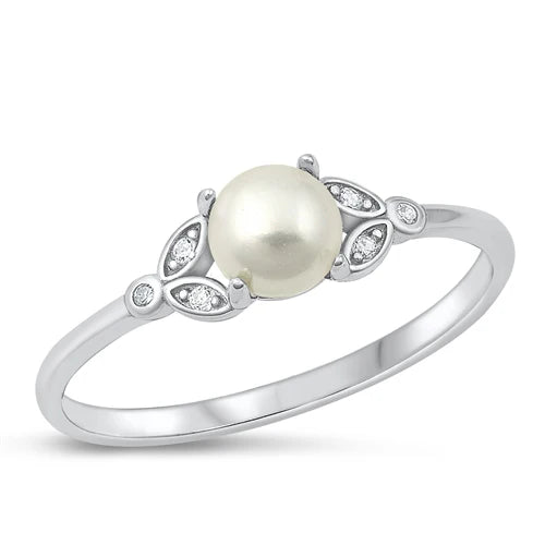 Pearl With CZ Stones .925 Sterling Silver Ring Size 5