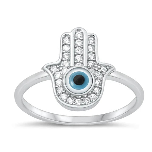 Hamsa Evil Eye CZ Stone 925 Sterling Silver Ring Size 7
