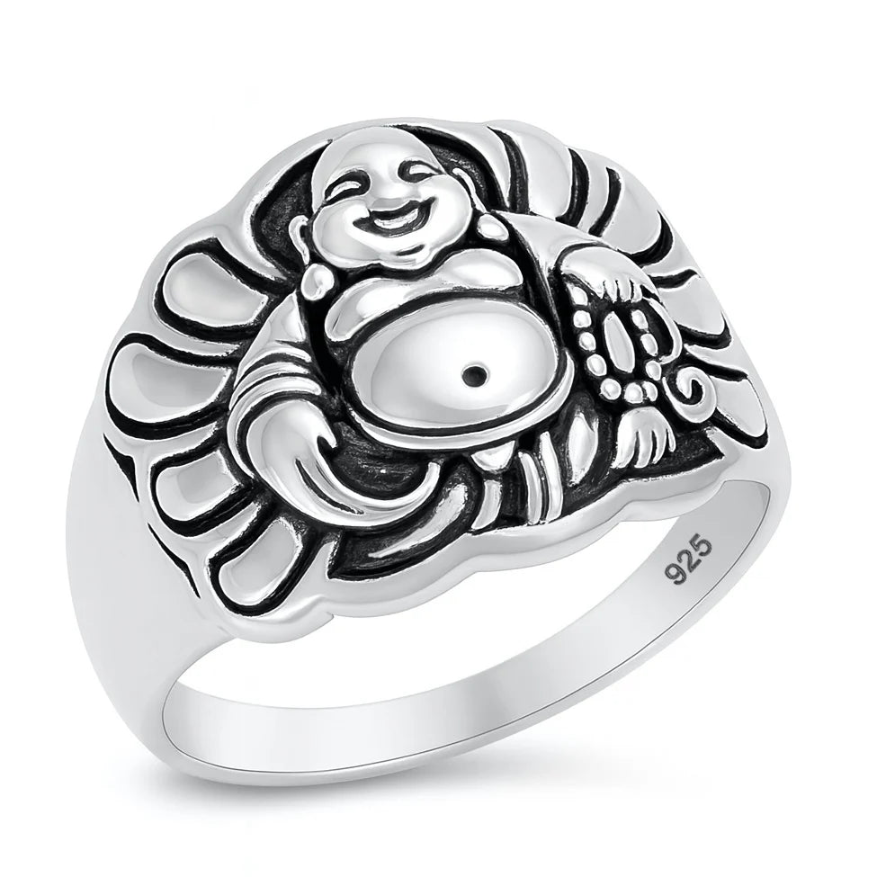 Laughing Buddha .925 Sterling Silver Ring Size 8