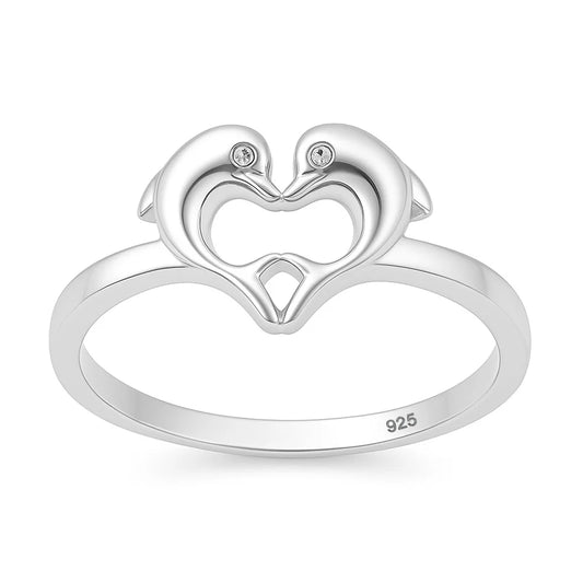 Dolphins Heart .925 Sterling Silver Ring Size 6