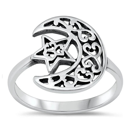 Moon & Star Filigree .925 Sterling Silver Ring Size 7