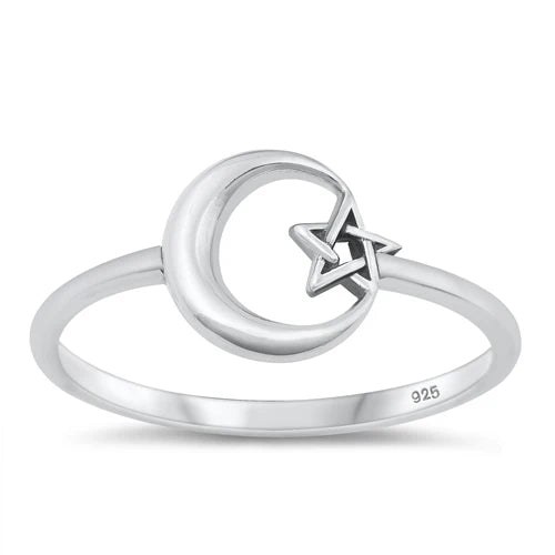 Moon & Pentacle Star .925 Sterling Silver Ring Size 7