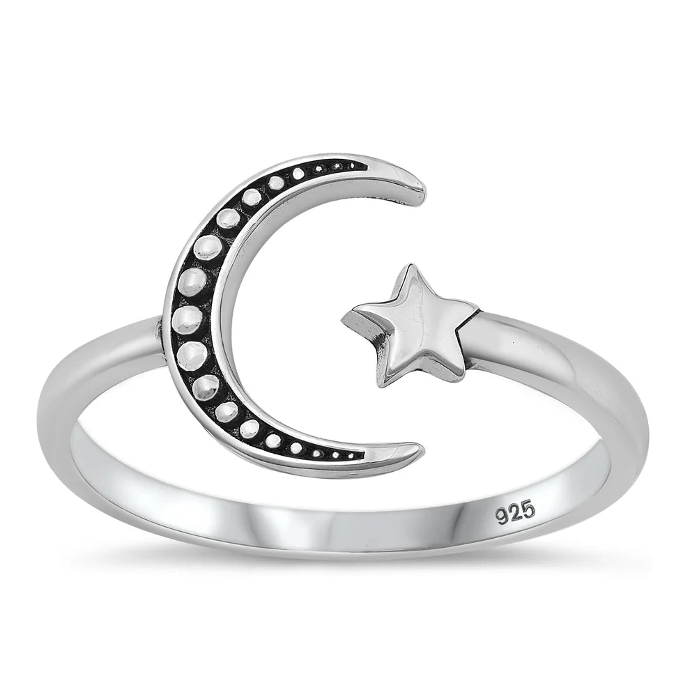 Moon & Star .925 Sterling Silver Ring Size 5