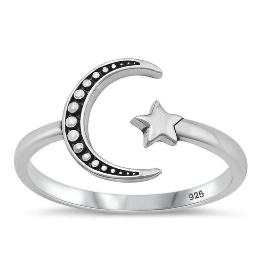 Moon & Star .925 Sterling Silver Ring Size 7