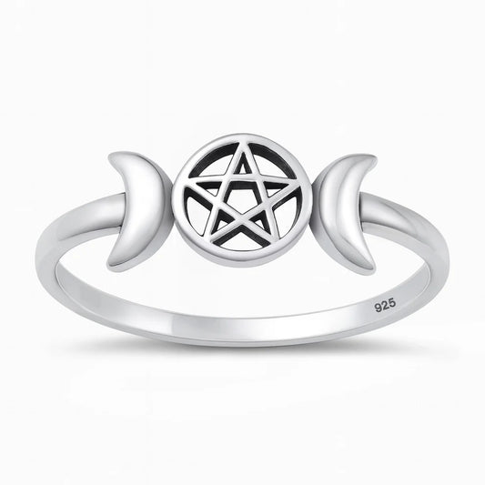 Triple Moon Pentacle .925 Sterling Silver Ring Size 7