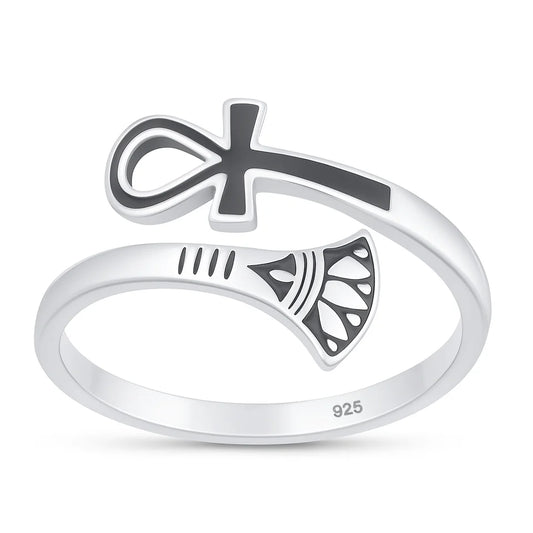 Ankh & Lotus .925 Sterling Silver Ring Size 7
