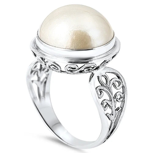 White Mave Pearl Bali Filigree .925 Sterling Silver Ring Size 8