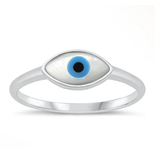 Evil Eye Mother Of Pearl .925 Sterling Silver Ring Size 7
