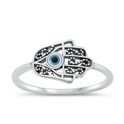Hamsa & Evil Eye .925 Sterling Silver Ring Size 7